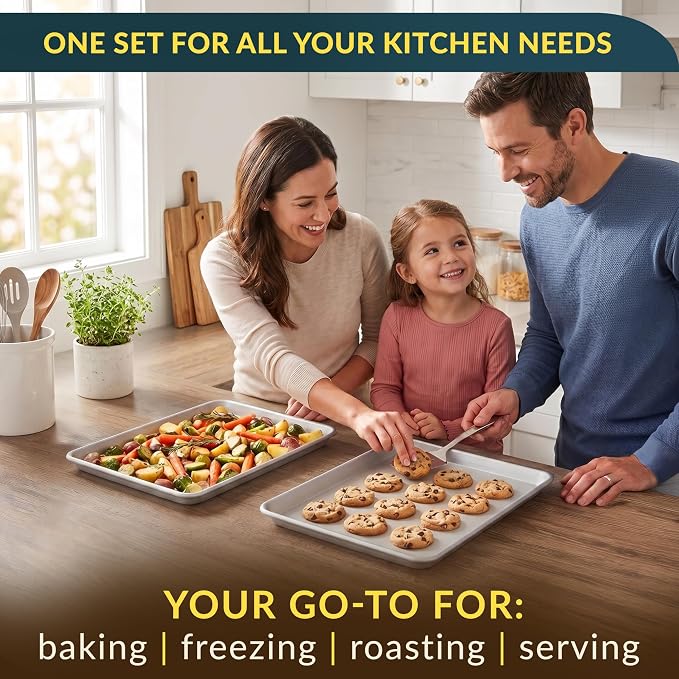 Baker’s Signature 13" x 9" Aluminum Cookie Sheets for Baking Set of 2, Quarter Baking Sheet Pans - Anti-Warp, Reinforced Encapsulated Steel Rim, Easy to Clean