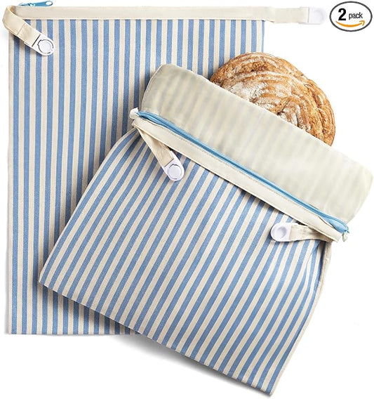 BRONYPRO Reusable Beeswax and Cotton Bread Bags with Zipper, 2-Pack Waxed Bread Bags for Homemade Bread & Sourdough, Sustainable Sourdough Loaf Storage to Lock in Freshness, Large 17x12.6in, Blue