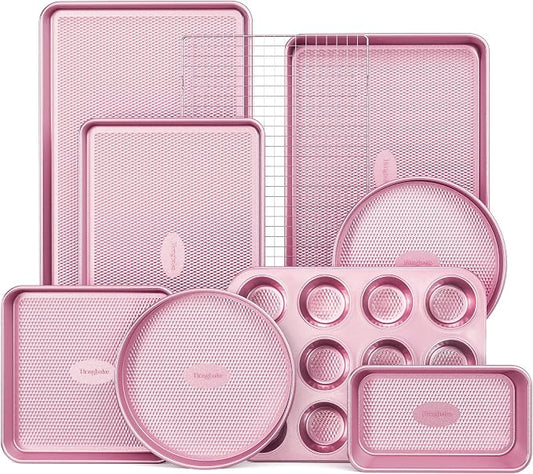 HONGBAKE 9-Piece Baking Pans Set Nonstick, Stackable Non Toxic Bakeware Sets with Diamond Texture, Oven Pan Set for Cooking, Includes Cookie Sheet with Rack, Cake Pan, Roasting Pan, Muffin Tin, Pink