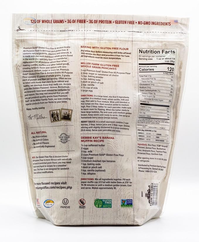 Premium Gold Gluten Free All Purpose Flour, 5 Pound, Gluten-Free, Non-GMO, Kosher, High In Fiber, Source of Omega-3, Plant-Based Protein, No Preservatives, No Additives, Ideal for Beverages & Baking