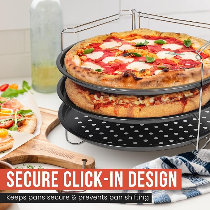 Chef Pomodoro Pizza Pan and Pizza Rack Baking Set (13-Inch Pans), Non-stick Perforated Trays for Oven or Grill, Foldable Rack Stand Accessories and Supplies for Countertop, Cooling, & Baking