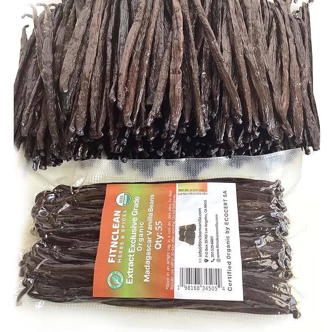 55 Organic Madagascar Vanilla Extract Exclusive Grade B Beans| 4" - 5" by FITNCLEAN VANILLA| Certified USDA Organic. Bulk Dry Whole Bourbon NON-GMO Pods