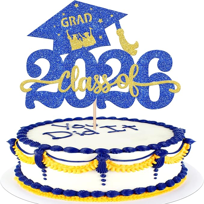 1 Pack Class of 2026 Cake Topper Glitter Congrats Grad Cap 2026 Graduation Cake Pick for 2026 Graduation Theme High School Graduate Party Cake Decorations Supplies Blue Gold