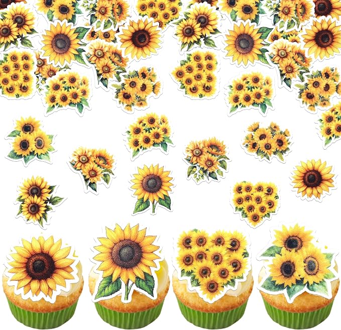 63 PCS Edible Sunflower Cupcake Toppers Wafer Paper Flower Party Cake Toppers Decorations Edible Sunflower Cupcake Picks for Baby Shower Wedding Birthday Party Cake Decorations Supplies