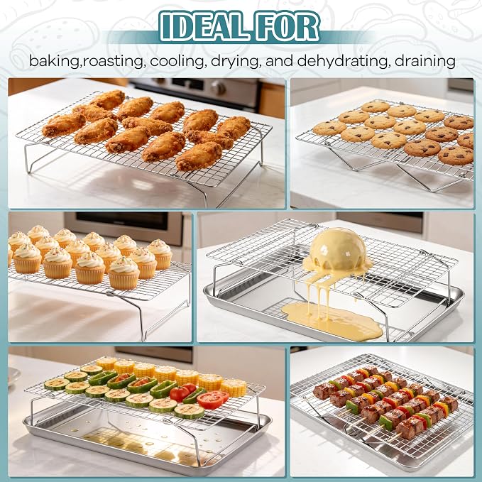 P&P CHEF 5 Tier Cooling & Baking Racks, Stainless Steel Stackable Grid Cooking Rack for Cooling Roasting Grilling, Collapsible & Heavy Duty, Oven & Dishwasher Safe, 15" x 10"