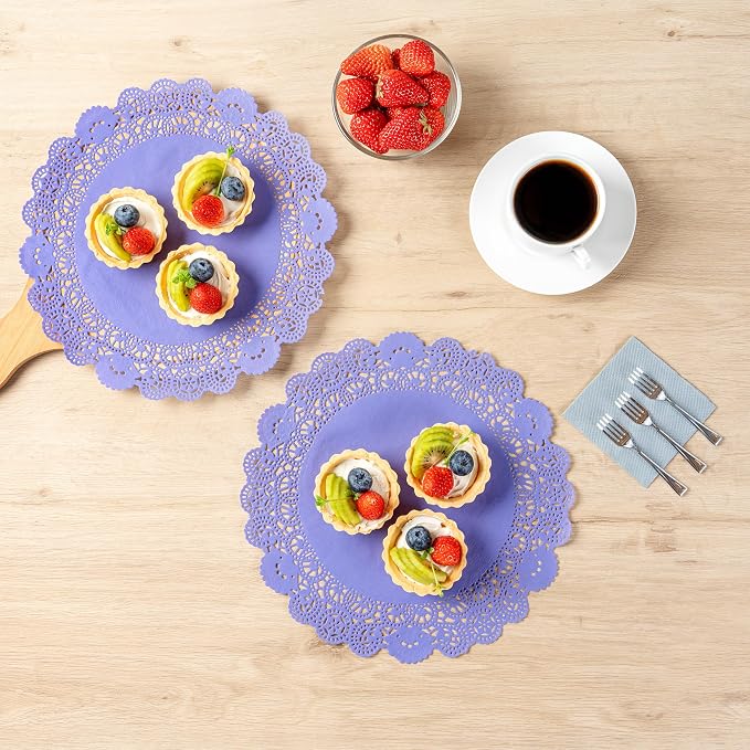 Pastry Tek 12 x 12 Inch Paper Lace Doilies, 100 Disposable Table Doilies - Elegant Lace Finish, Long Lasting, Purple Paper Doily, for Pastries, Cupcakes, Desserts - Restaurantware