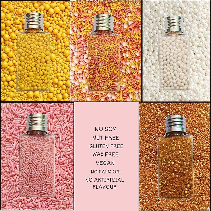 Confect Sprinkles – 5 Pack Assorted Cake Decorating Mix (Yellow & Pearl Dragees, Hot Pink Jimmies, Sparkling Gold Sugar) – Celebration Spring & Summer Sprinkles - Festive Toppings for Cakes, Cupcakes, Cookies, Birthday Parties – Vegan, Gluten-Free, Nut...