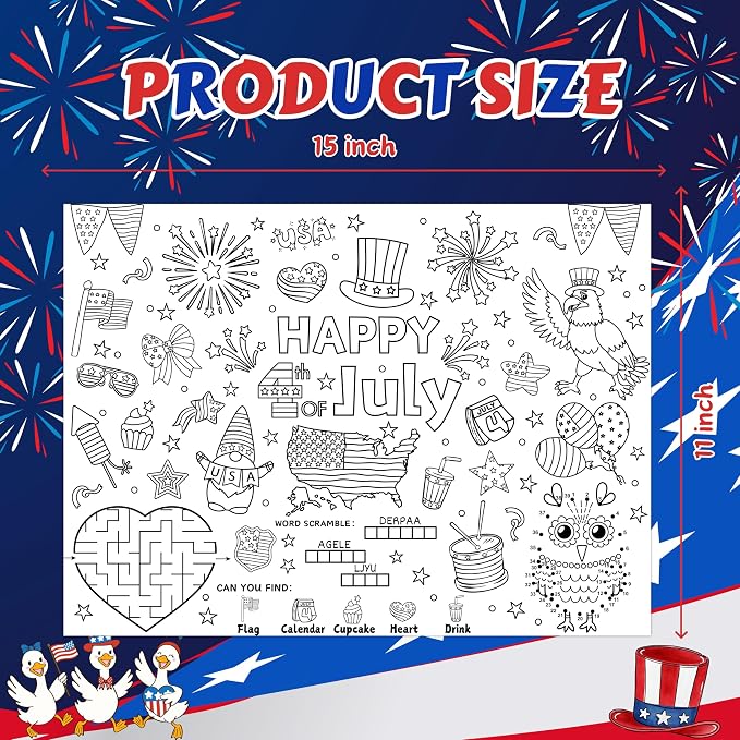 45pcs 4th of July Disposable Coloring Placemats Independence Day Crafts for Kids Patriotic Party Favors Coloring Poster American Flag Fireworks Activity Church Supplies Paper Table Mats