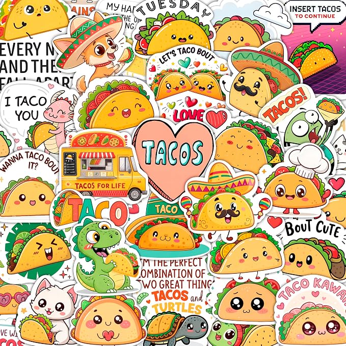 100Pcs Taco Stickers for Adults Vinyl - Mexican Food Stickers for Water Bottles, Scrapbooking, Laptop - Mexican Party Favors, Decorations - Gifts for Taco Lovers - Gift for Women & Men