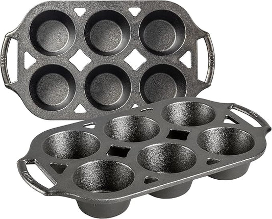 Lodge Seasoned Cast Iron Muffin Pan Set - Six-Well Bakeware Set for Muffins, Cupcakes, Cornbread & Homemade Favorites - Includes Looped Handles - 2-Pack