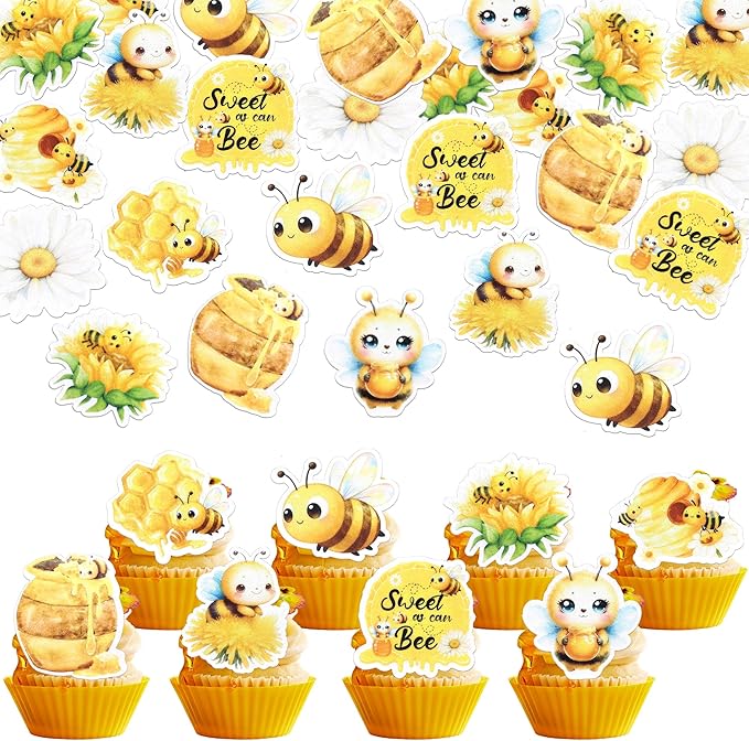 63 PCS Edible Bumble Bee Cupcake Toppers Wafer Paper Sunflower Bees Candy Oh Babee Cupcake Picks Edible Daisy Honey Bee Cake Decorations for Baby Shower Kids Birthday Party Cake Decorations Supplies