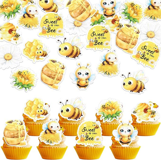 63 PCS Edible Bumble Bee Cupcake Toppers Wafer Paper Sunflower Bees Candy Oh Babee Cupcake Picks Edible Daisy Honey Bee Cake Decorations for Baby Shower Kids Birthday Party Cake Decorations Supplies