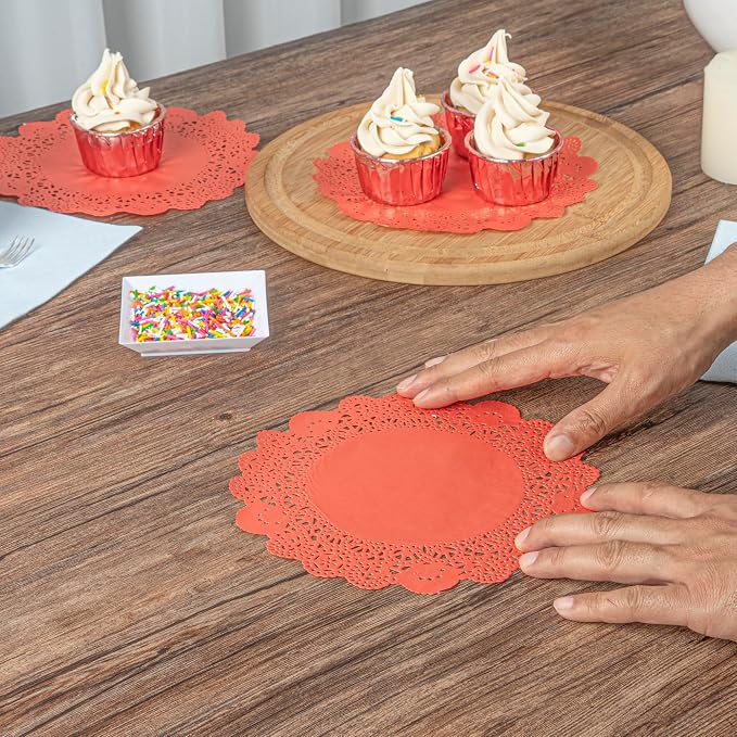 Restaurantware Paper Doilies 100 Pack of 8 Inch Lace Disposable Table Decor Red Round Shape Decorative Presentation