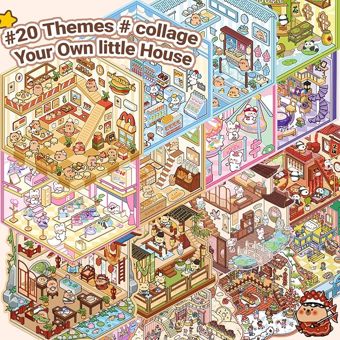 20 Sets DIY 3D Sticker Scene Collection Book for Kids Adults Cute Make Your Own Shop House Stickers for Gifts Stickers Therapy for Adult Relief Stress Pass The Time Play Park Hamburg Castle Library