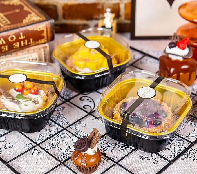 NPLUX 50 Pcs Mini Square Baking Cups with Lids and Spoons Aluminum Foil Mini Cake Pans with Lids Disposable Ramekins Cake Pans Dessert Cups for Wedding Birthday Party(Black Gold,10oz) (Pack of 2)
