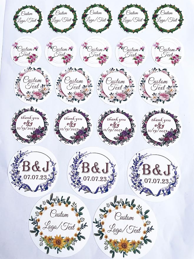 Custom Stickers for Weddings, Birthdays & Businesses - Personalized Labels with Your Logo - Waterproof, Fade and Heat Resistant - Pack of 100-1000 (Wreath D, 2 Inch)