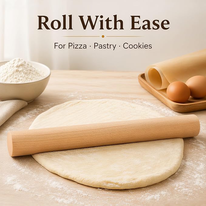 Wood Rolling Pin 16.9 Inch, Natural Beech Wood Non-Stick Rolling Pin for Baking, Wooden Dough Roller for Pizza, Pastry, Pie Crust, Cookies & Fondant, Essential Kitchen Baking Tool