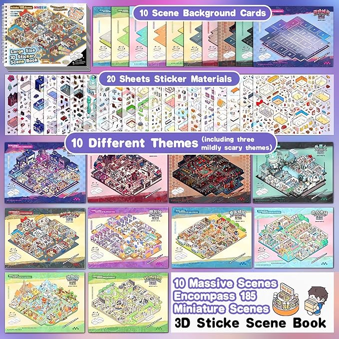 10 Sets Big Size DIY 3D Sticker Scene Collection Book Isometric Miniature Cozy Room Sticker Book for Kids Adults Large Cute Make Your Own House Stickers for Gifts Paint by Sticker with Tweezer (City)