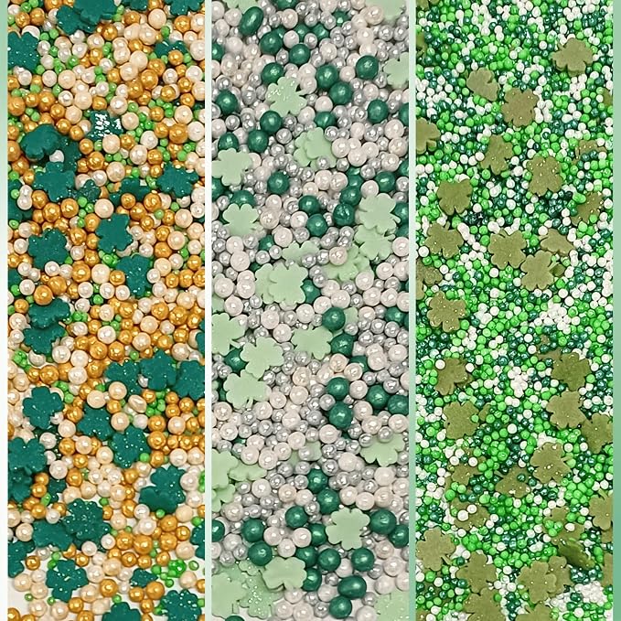 Confect St. Patricks Green ,White and Gold Pearl, Vermicelli Edible Sprinkles for Baking & Cake Decorative | Cookie Sprinkles mix Pack of 5 | Vegan, Gluten-Free, Nut-Free, Soy-Free, Dairy-Free, Palm Oil-Free - 5 Oz