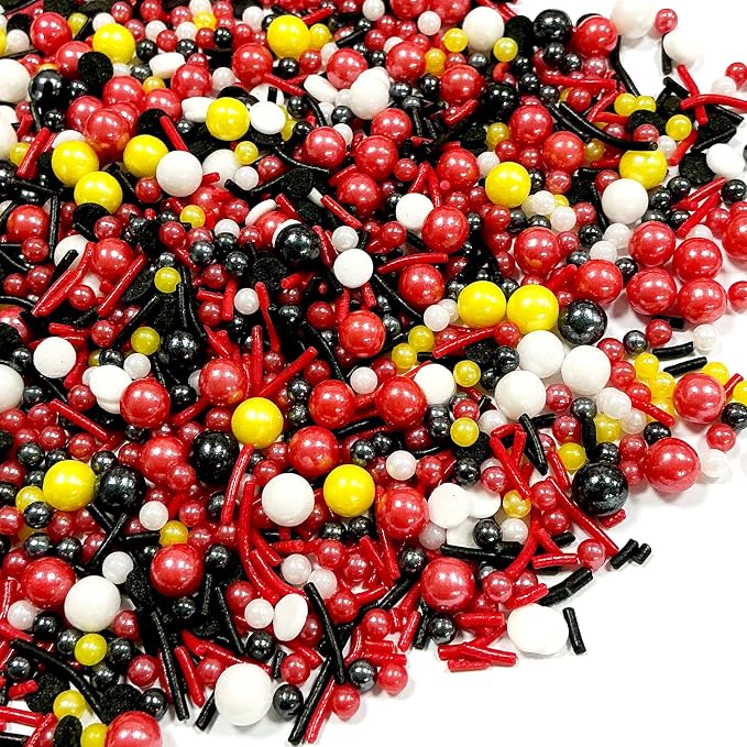 Edible Black White Red and Yellow Pearl Sprinkles 130g/4.5oz Mouse Sprinkles Candy Mix Jimmies Round Confetti Sprinkles for Cake Decorating Baking Ice Cream Cupcakes Supplies