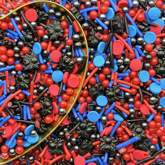 CandiJumpin Edible Spider Sprinkles, Spiderman Sprinkle Edible Pearls and Jimmies Mix Black Blue and Red Sprinkles Crunchy Jimmies Edible Pearls for Cake Decorating Pearl Decoration for Baking Baby Shower Party Birthday Halloween Christmas Supplies 3 OZ