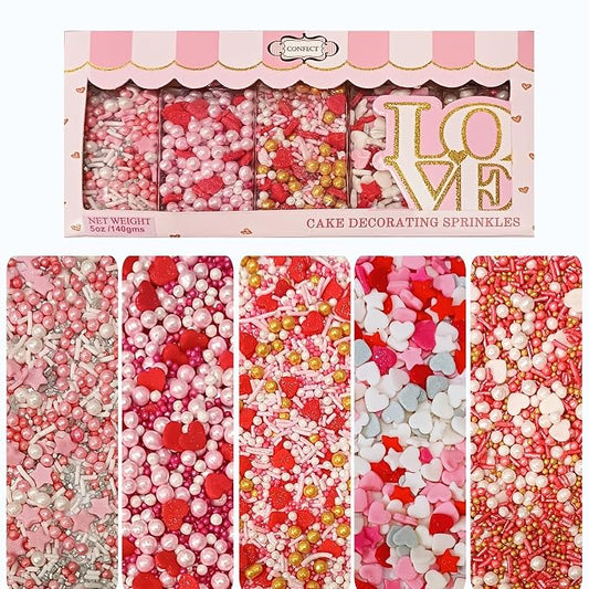 Confect Pink, Red & White Pearls Sprinkles | Mix Hearts Sprinkle | Anniversary Blend for Baking & Cake Decorative | Cookie sprinkles | Edible sprinkles Mix Pack of 5 - Vegan, Gluten-Free, Nut-Free, Soy-Free, Dairy-Free, Palm Oil-Free -5 Oz