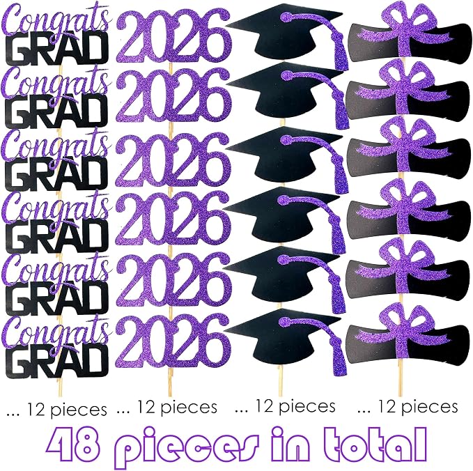 YuBoBo 2026 Graduation Cupcake Toppers, 48 PCS Food/Appetizer Picks For Graduation Party Mini Cake Decorations, Diploma, 2026, Grad Cap Set 48 Pieces (05 Purple)