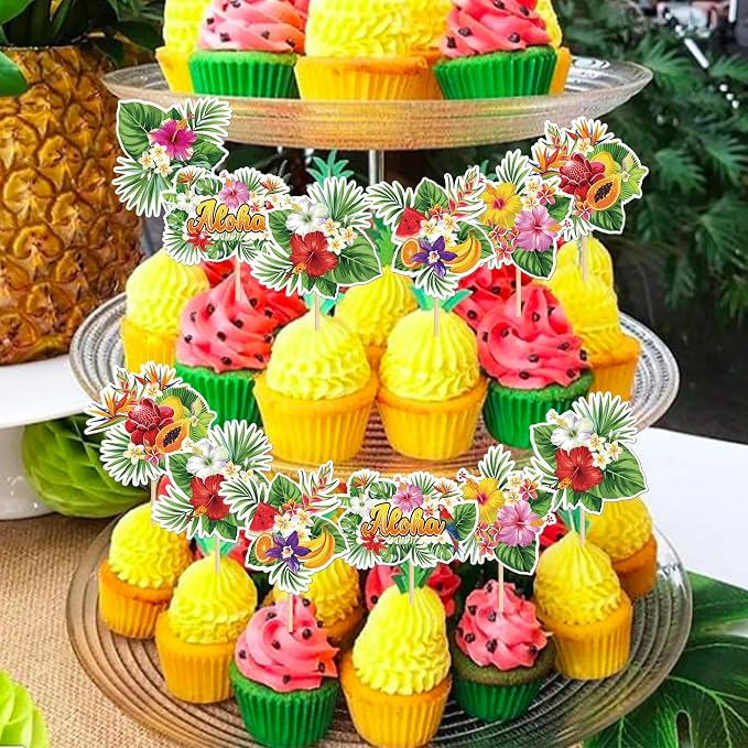 30 PCS Tropical Cupcake Toppers Summer Hawaiian Plants Flowers Fruits Cupcake Picks Luau Palm Leaves Cupcake Decorations for Tropical Aloha Theme Baby Shower Birthday Party Cake Decorations Supplies