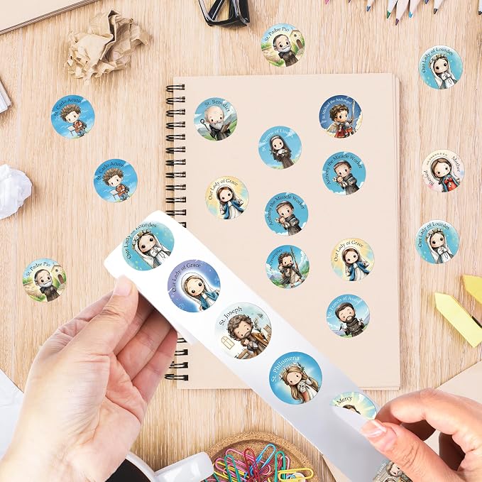 Christian Religious Stickers Roll - 1000 Pcs Catholic Saints Stickers, Cartoon Bible Jesus Sticker for Scrapbook Journal Envelope Card, Church Sunday School Easter Party Favor Supplies