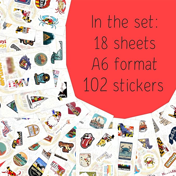 BulbaCraft 100Pcs Maryland Stickers for Water Bottle and Laptop - Maryland Party Supplies & Decorations, Waterproof Vinyl Decals, State Pride and Icon Stickers, Gifts for Women & Men