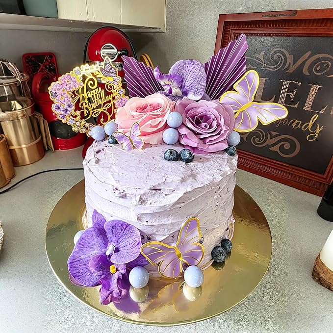 27 PCS Flower Cake Decorations Purple Cake Decorations Boho Butterfly Cake Toppers with Rose Artifical Flowers Palm Leaves Balls Happy Birthday Cake Topper for Birthday Party Wedding Baby Shower