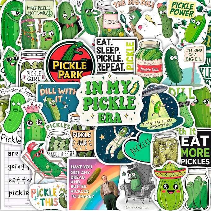 100Pcs Pickle Stickers for Water Bottle and Laptop - Pickle Party Supplies, Decorations - Food and Fun Stickers, Gifts for Women & Men