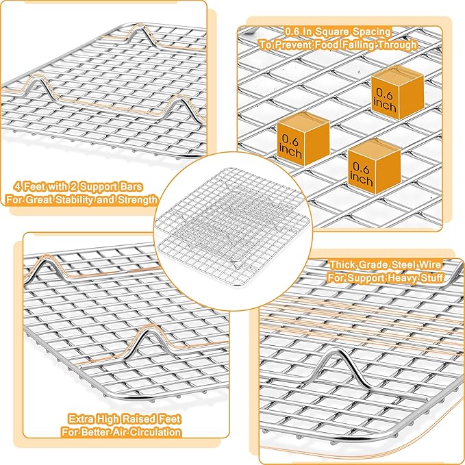 TeamFar Baking Pan with Rack Set (2 Pans + 2 Racks), Stainless Steel Cookies Sheet Baking Tray Pan with Grid Cooling Rack for Toaster Oven, Healthy & Heavy-Duty, Dishwasher Safe, 12.5 x 9.5 x 1 Inch