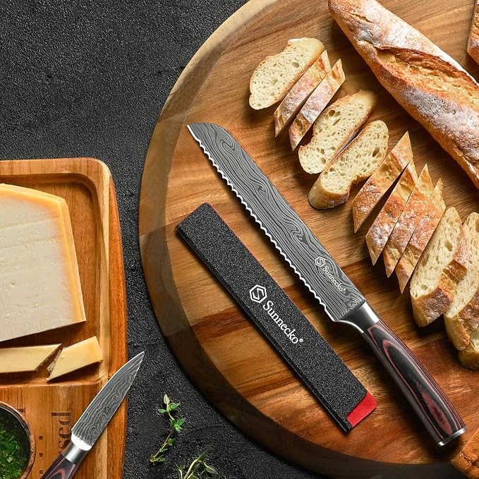 Sunnecko 8 Inch Bread Knife - High Carbon German Steel Serrated Bread Knife for Homemade Sourdough & Crusty Loaves, Ultra Sharp Kitchen Knife with Sheath, Professional Cake Slicer Gift for Mom and Dad