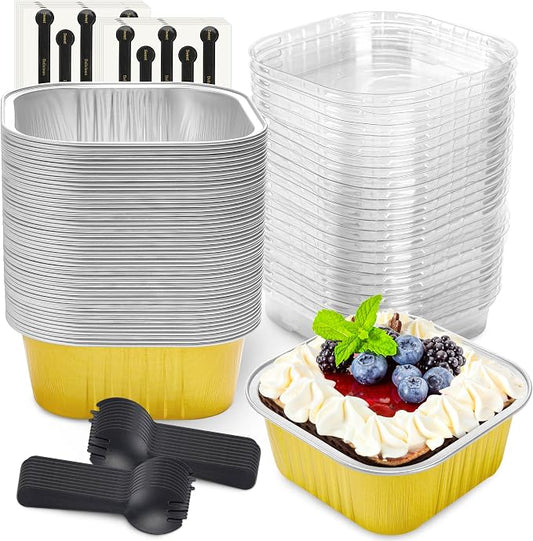 NPLUX 50 Pack Mini Cake Pans with Lids and Spoons Aluminum Foil Pans Square Cake Tins for Bakery Party Wedding, Graduation Gifts Party Favors(Gold,10 oz)