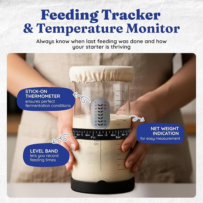 Pro Sourdough Starter Kit -37oz Wide Mouth Sourdough Starter Jar Kit for Bread - Large Glass Sourdough Jar, Feeding Band, Cloth Cover, Spatula & Thermometer–Best Sourdough Bread Kit for Beginners