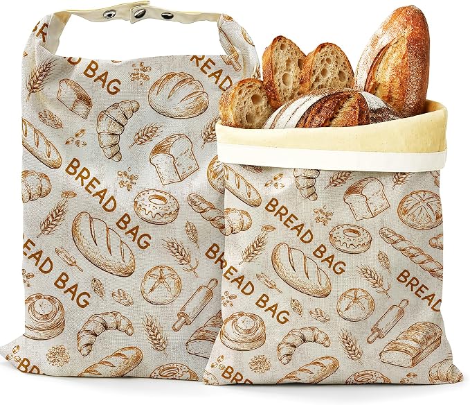Vintage Kitchen Bakery Bread Bags for Homemade Bread, 2 Pack Linen and Beeswax Sourdough Storage Bags, Reusable Keeper, Keeps Breads Fresh Longer, Gifts for Bakers