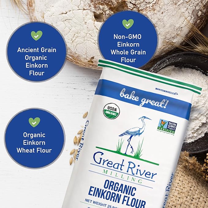 Great River Organic Milling Organic Einkorn Flour | Ancient Whole Wheat Flour | Non-GMO, Kosher, High-Protein | Nutrient-Rich, Healthier All-Purpose Flour Alternative for Baking | 25 Lb (Pack of 1)