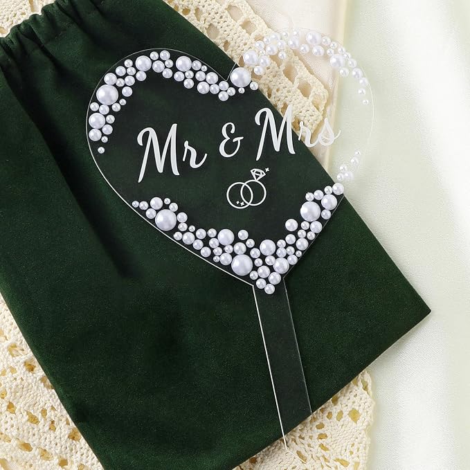 Coucoland Mr and Mrs Cake Topper - Heart Wedding Cake Decor with Elegant Pearls for Engagement Bridal Anniversary
