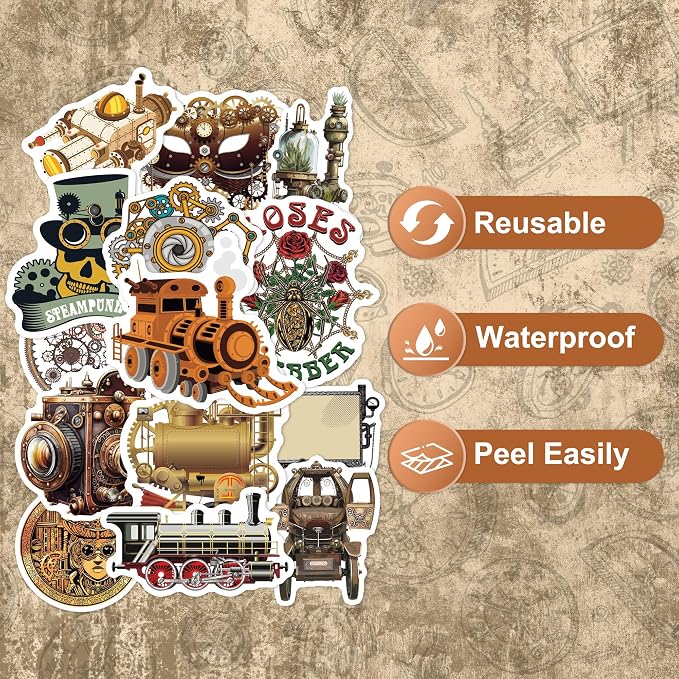 75 Pcs Steampunk Stickers for Scrapbooking, Waterproof Vinyl Vintage Gear Clockwork Industrial Stickers for Laptops Water Bottles Journals, Decorative Decals for Teens Students Adults
