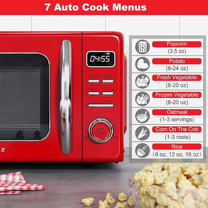Galanz GLCMKZ07RDR07 Retro Countertop Microwave Oven with Auto Cook & Reheat, Defrost, Quick Start Functions, Easy Clean with Glass Turntable, Pull Handle.7 cu ft, Red