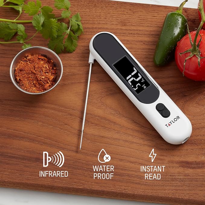 Taylor Infrared and Folding Probe Thermometer, Dual-Mode Instant Read Meat Thermometer for Cooking, Grilling, BBQ, Smoker, Air Fryer and Oil, Non-Contact, Waterproof, Backlit Display, White