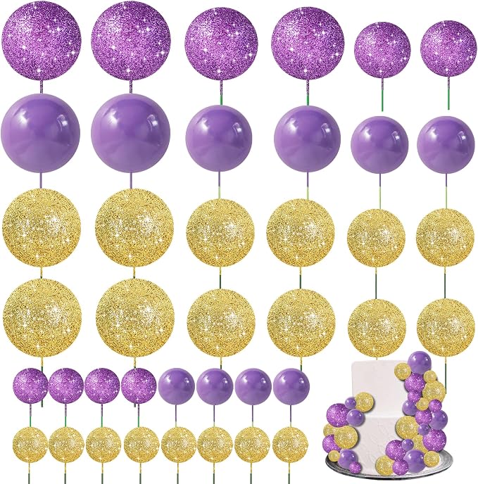 BEISHIDA 40 Pcs Ball Cake Toppers Mini Balls Cake Decorations Purple Gold Foam Balls DIY Cake Topper for Baking Congrats Grade 2026 Graduation Birthday Mardi Gras Lakers Decorations (Purple Gold)