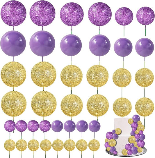 BEISHIDA 40 Pcs Ball Cake Toppers Mini Balls Cake Decorations Purple Gold Foam Balls DIY Cake Topper for Baking Congrats Grade 2026 Graduation Birthday Mardi Gras Lakers Decorations (Purple Gold)