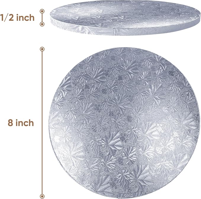 Cakebon Round Cake Boards - Sturdy 1/2 Inch Thick Cake Drums - 8 Inch Professional Base para Pastel Smooth Straight Edges Silver 6-Pack