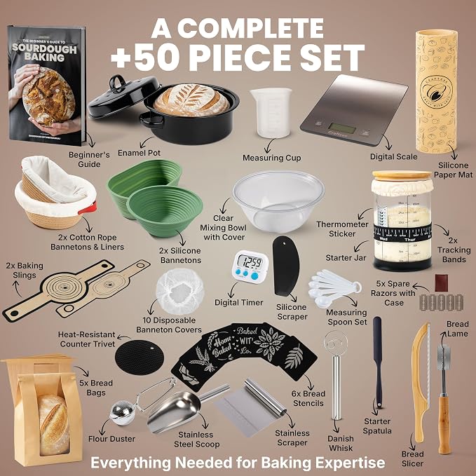 CraftZee Super All-Inclusive 𝗣𝗥𝗘𝗠𝗜𝗨𝗠 Sourdough Starter Kit with Pot - Sourdough Bread Baking Supplies, Scale, Oval & Round Baking Slings, 4 proofing Baskets, Bowl, Timer, Beginner Guide Recipes