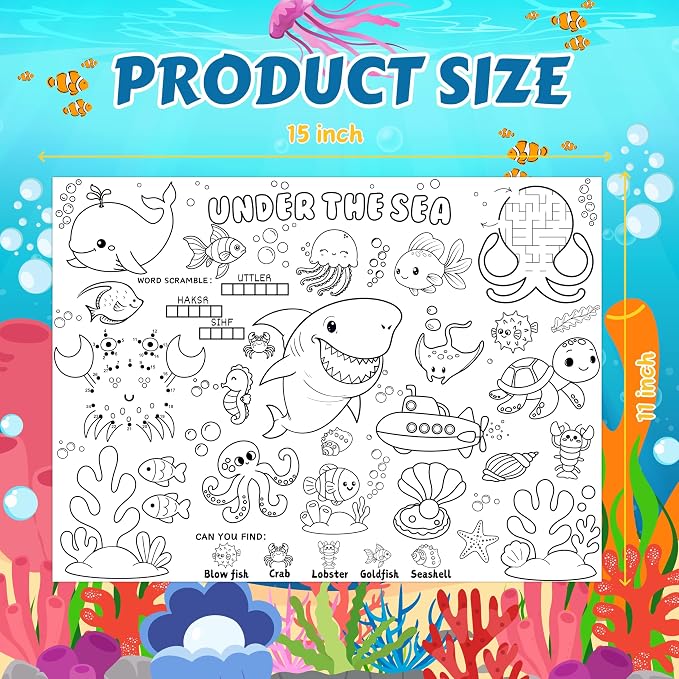 45pcs Under The Sea Disposable Coloring Placemats Ocean Crafts for Kids Party Favors Coloring Poster Classroom Activities Birthday Party Supplies Paper Table Mats