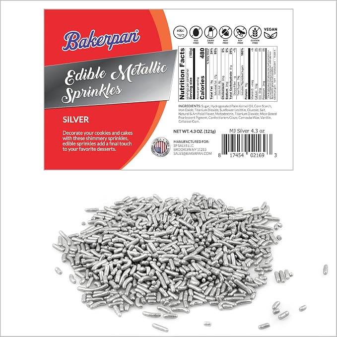 Bakerpan Edible Silver Jimmies Sprinkles 4.3 oz - Silver Sprinkles for Cake Decorating, Cupcakes, Cookies, Birthdays & Weddings | Kosher, Gluten-Free, Made in USA