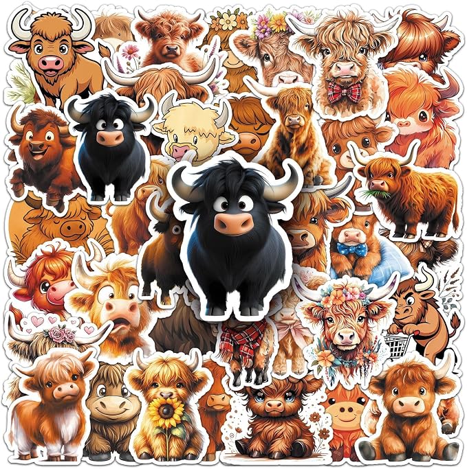 Highland Cow Stickers,50PCS Waterproof Funny Highland Cow Decals for DIY Crafts Water Bottles Laptops Phone Cases Aesthetic Cow Animal Stickers for Cow Lovers