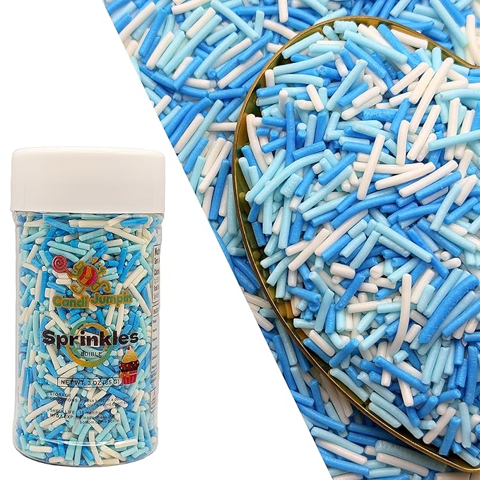 CandiJumpin Blue and White Jimmy Sprinkles, White and Baby Blue Sprinkles for Cake Decorating Edible Cake Jimmies Edible Crunchy Jimmies Ice Cream Toppings, Baby Shower Party Wedding Christmas Supplies 3 OZ